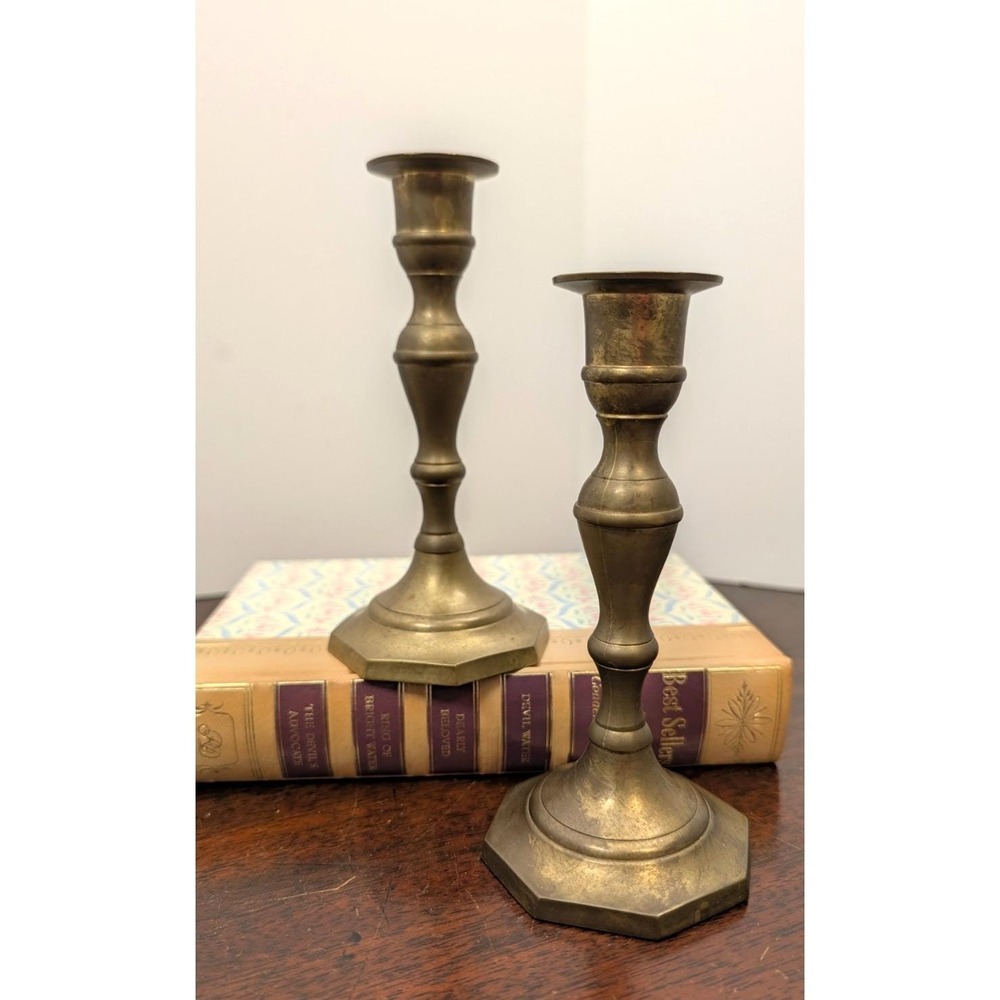 Vintage Brass Candlestick Holders Pair 6" Made in India Octagonal Base Patina